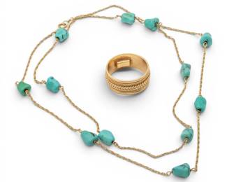 Lot 56 14kt Yellow Gold Band with a 14kt Yellow Gold and Turquoise Necklace, 2 PCS