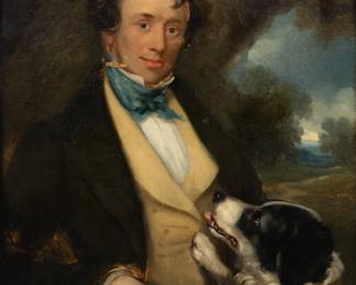Lot 1081 English Oil on Canvas Portrait C.1840, 'A Gentleman and His Dog', H 36.5" W 27.75"