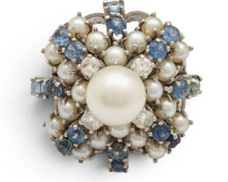 Lot 63 Diamond, Blue Sapphire, Pearl Cluster Ring 14K White Gold, Size 5 1950, 12 grams 1 PC