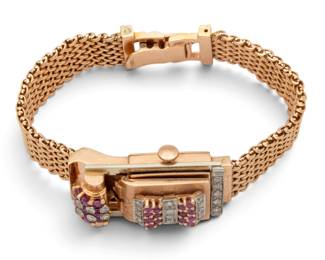 Lot 10 Chalet 14K Rose Gold. Ruby, Diamond Art Deco Bracelet Watch 1940, L 6.5" 49 grams 1 PC