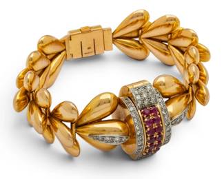 Lot 5 Ulysse Nardin (Swiss) 18K Argentina Gold, Diamond and Ruby Bracelet Watch 1930, L 7" 78 grams 1 PC