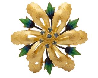Lot 21 18K Gold Flower Pin, Emeralds and Green Enamel 1970, Dia. 1.5" 9.6 grams 1 PC