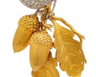 Lot 3 French 18K Yellow Gold and Diamond Bird with Acorn Brooch 1960, H 2" W 1" 16.8 grams 1 PC