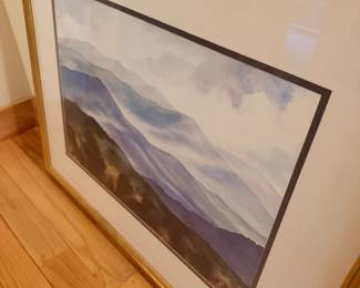 Large framed mountain landscape watercolor, gilt frame