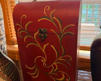 Red tole painted wood document box
