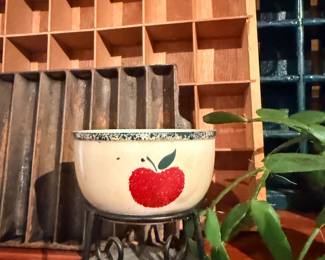 Wood printer's tray cubby shelf and apple bowl