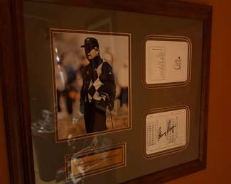 Framed golf memorabilia with signed scorecard