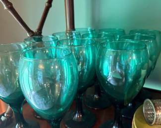 Teal green glass wine goblets, set of 8