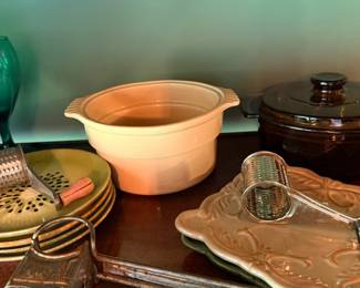 Vintage copper trays, graters, and casserole dish