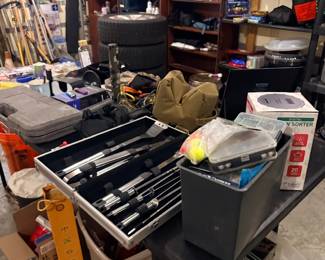 Garage tools, grill set, and hardware