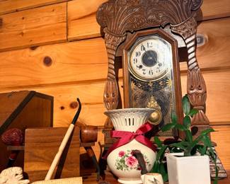 Antique gingerbread mantel clock and mantel decor