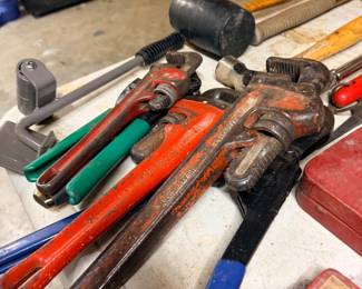 Pipe wrenches, hammers, and hand tools lot