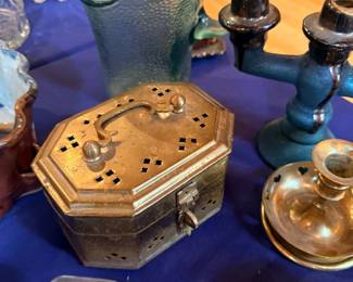 Coca-Cola glass pitcher, brass box, candlesticks