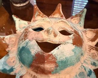 Terracotta sun face wall decor, Mexican pottery