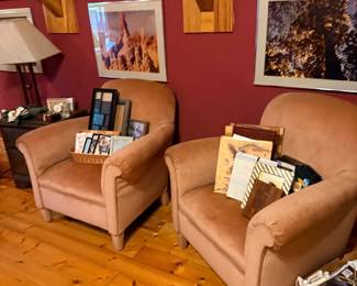 Pair of upholstered armchairs and framed photo art