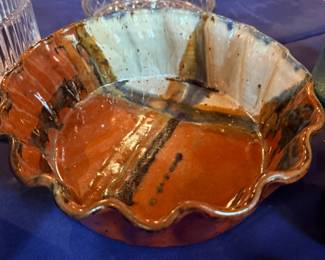 Studio pottery ruffled bowl and crystal