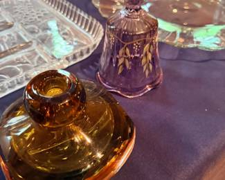 Amber glass, cranberry glass bell, and crystal