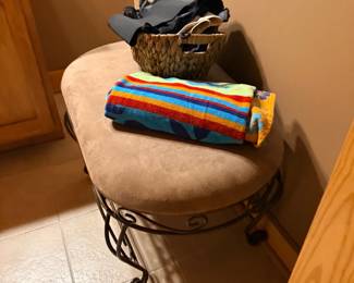 Upholstered vanity stool, wrought iron base
