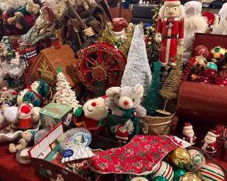 Christmas ornaments, nutcrackers, and village pieces
