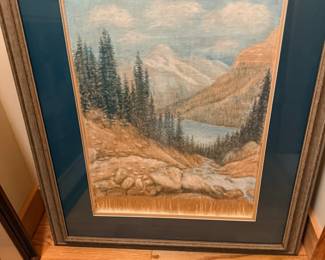 Framed mountain lake landscape painting