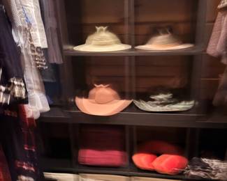 Straw sun hats and closet shelf organizer