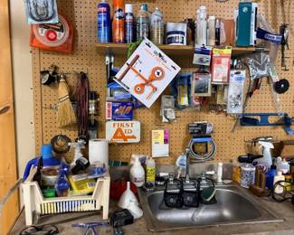 Shop sink area with sprays and supplies