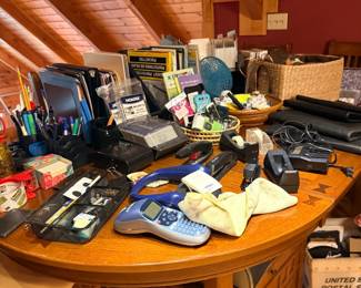 Office supplies and desk accessories on table