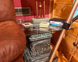 Cast iron stove form side table with glass top