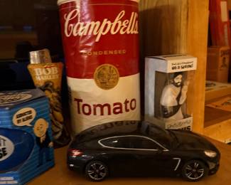 Campbell's Soup collectible, model car, and bobbleheads