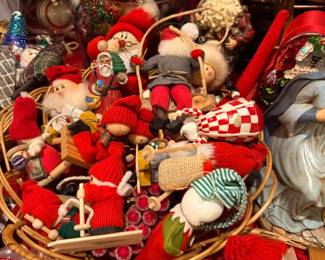 Basket of Santa figures and gnome ornaments