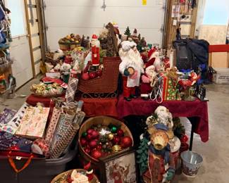 Large lot of Christmas decorations and Santas