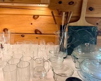Glassware, Pyrex bowls, and cutting boards