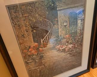 Framed garden courtyard art print, matted