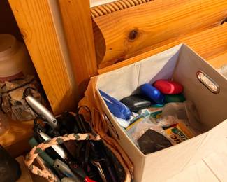 Box and basket of assorted household items