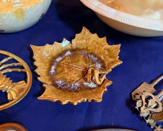 Majolica leaf dish and vintage pottery
