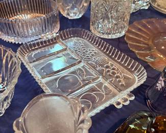 Pressed glass relish tray and biscuit jar
