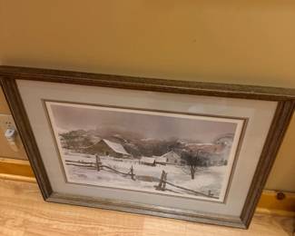 Framed snowy farm scene print