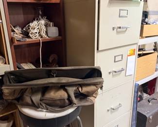 File cabinet, shop stool, and tool bag