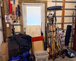 Garden tools, bags, and garage items