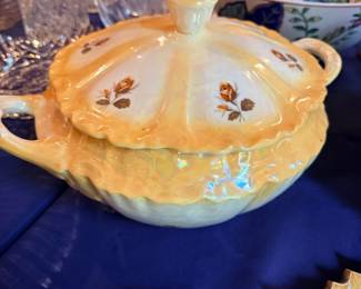 Porcelain covered tureen and crystal