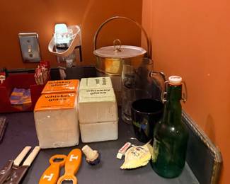Barware lot with ice bucket, glasses, and bar tools