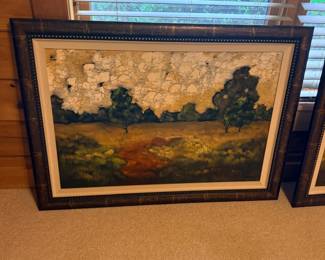 Framed pastoral tree landscape oil painting