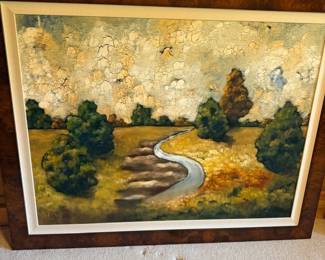Vintage oil painting of creek and trees