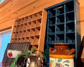 Vintage wood cubby display racks and stoneware crock