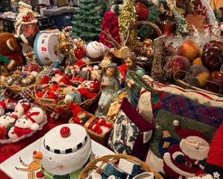 Christmas cookie jar, mugs, and figurines