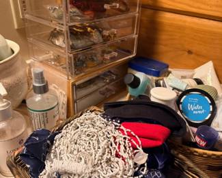 Jewelry organizer with costume jewelry and scarves