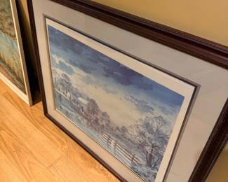 Framed winter landscape print, matted