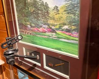 Framed Augusta golf course art with memorabilia
