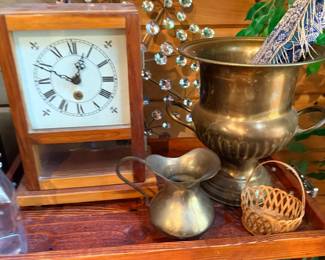 Vintage mantel clock, brass urn, and pitcher