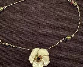 14K YG Beautiful MOP Fixed Jeweled Flower Pendant On 17" Ball Bead Necklace, Multiple Gemstone Stations- Italy